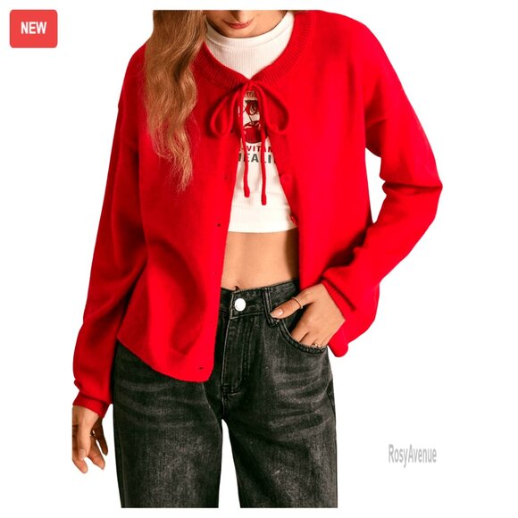 Sweaters - Tie Neck Button Up Cardigan Cozy Knit Sweater Fall Outerwear Chic Casual